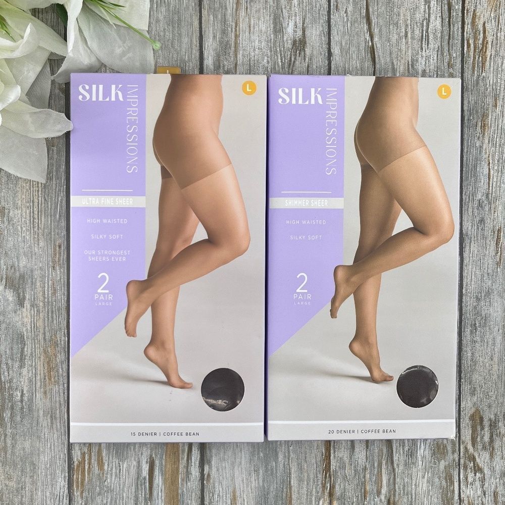 Silk Impressions Shimmer Sheer Pantyhose Stockings 20 Denier Sheer 2, 2-Packs L
